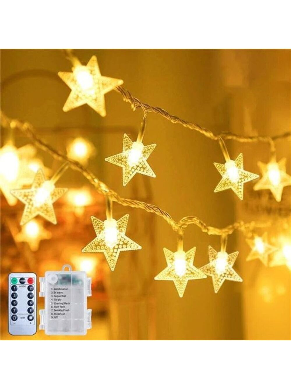 Battery operated star string lights 50 LED fairy lights warm white remote timer